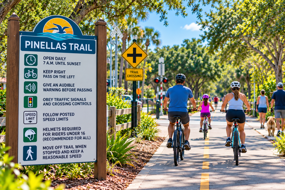 Pinellas County has clear expectations for trail users.  According to the official Pinellas Trail Guide, the trail is open daily from 7 a.m. until sunset.  Cyclists should keep right, pass on the left, and give an audible warning before passing other trail users. Riders also need to obey posted speed limits, traffic signals, and crossing controls.  Under Florida law, riders younger than 16 are required to wear bicycle helmets. Helmets are a good idea for adults as well.  At road crossings, slow down and wat